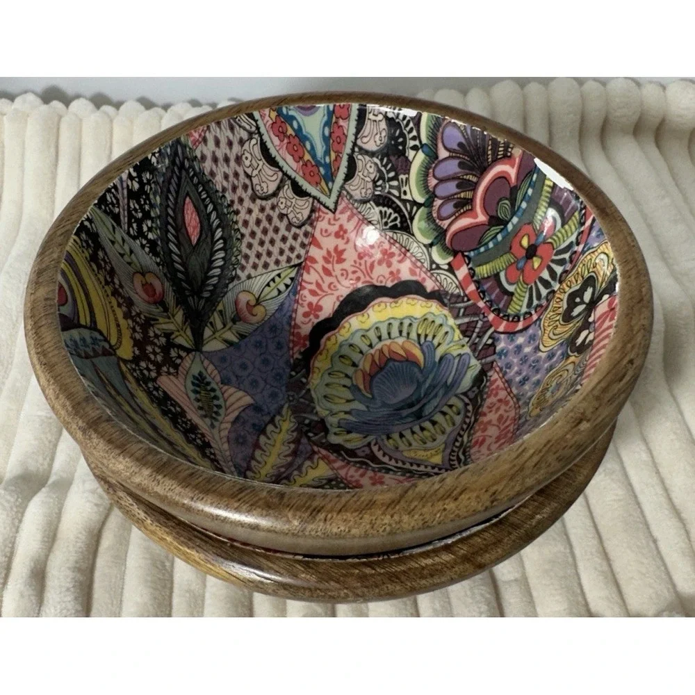 World Market Set of 2 Mango Wood Bowls Enamel Pattern 5.5